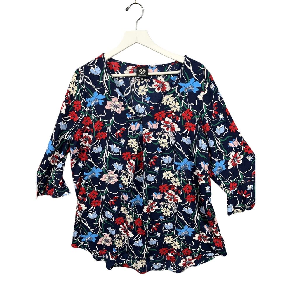 Bobeau Women's Size Large Floral Flowy Top Tunic Blouse Blue